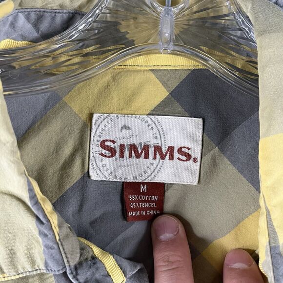 Simms Shirt Mens Medium M Yellow Gray Plaid Button Up Pocket Fishing Short - Picture 2 of 6